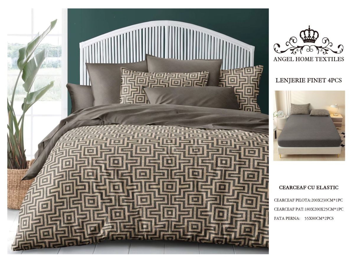 Lenjerii En-Gros, Gri Inchis, cu Elastic, din Bumbac tip Finet, 180x200 cm, pentru Pat Dublu, 4 Piese, cu 2 Fete de Perna 55x80cm Incluse