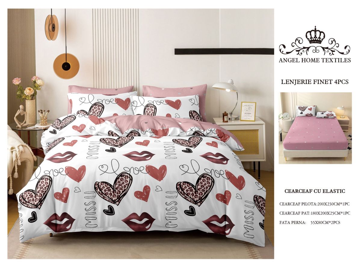 Lenjerii En-Gros, Lila, cu Elastic, din Bumbac tip Finet, 180x200 cm, pentru Pat Dublu, 4 Piese, cu 2 Fete de Perna 55x80cm Incluse