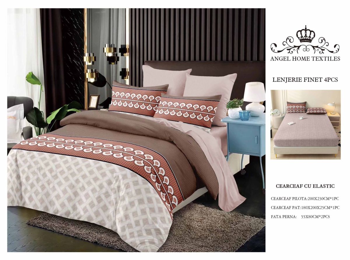 Lenjerii En-Gros, Maro, cu Elastic, din Bumbac tip Finet, 180x200 cm, pentru Pat Dublu, 4 Piese, cu 2 Fete de Perna 55x80cm Incluse