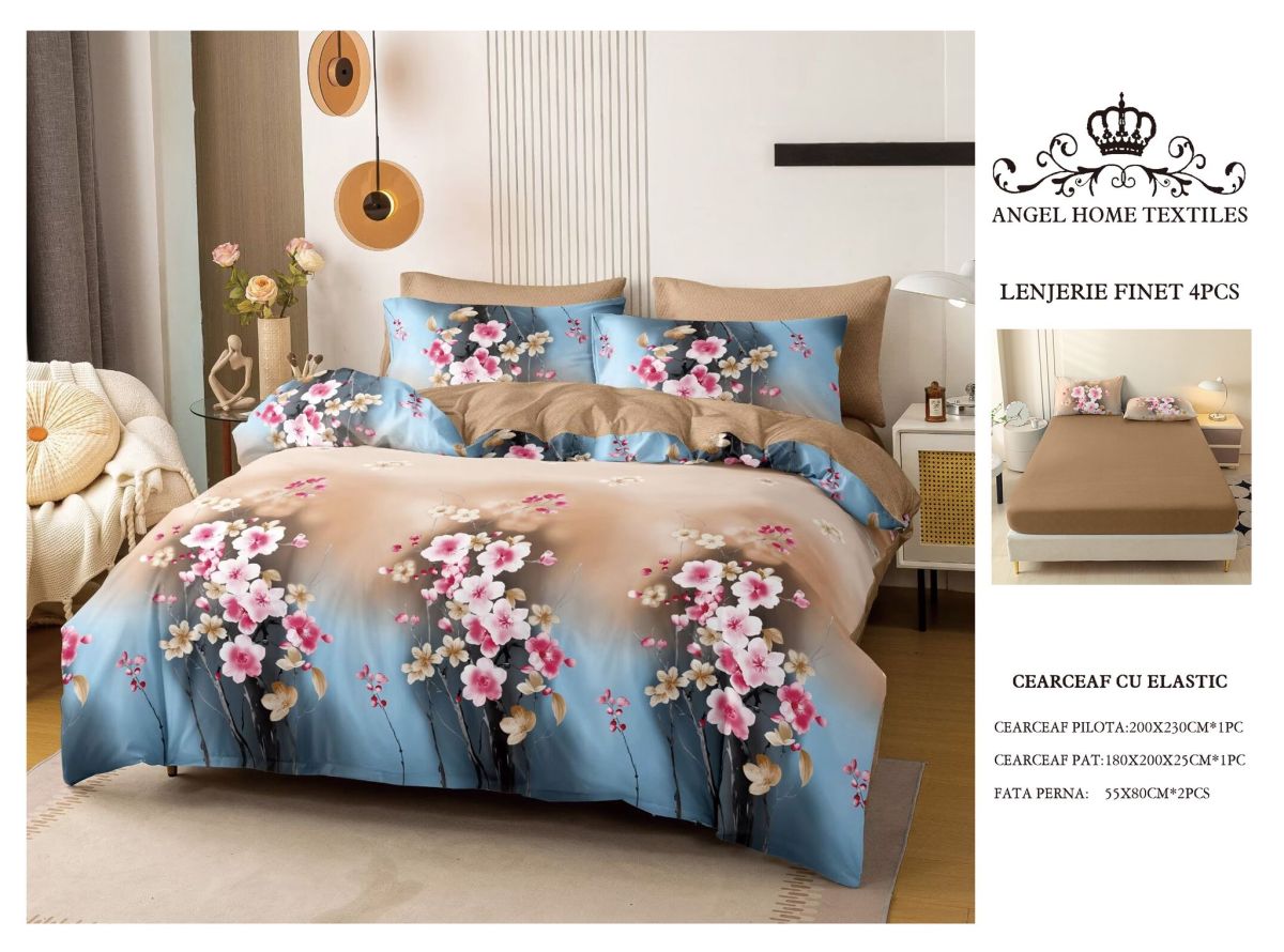 Lenjerii En-Gros, Maro, cu Elastic, din Bumbac tip Finet, 180x200 cm, pentru Pat Dublu, 4 Piese, cu 2 Fete de Perna 55x80cm Incluse