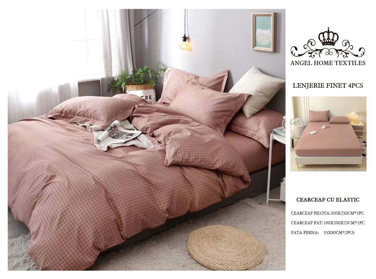 Lenjerii En-Gros, Maro Deschis,, cu Elastic, din Bumbac tip Finet, 180x200 cm, pentru Pat Dublu, 4 Piese, cu 2 Fete de Perna 55x80cm Incluse