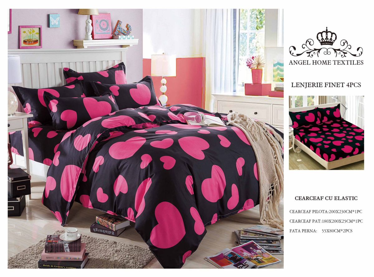Lenjerii En-Gros, Negru, cu Elastic, din Bumbac tip Finet, 180x200 cm, pentru Pat Dublu, 4 Piese, cu 2 Fete de Perna 55x80cm Incluse