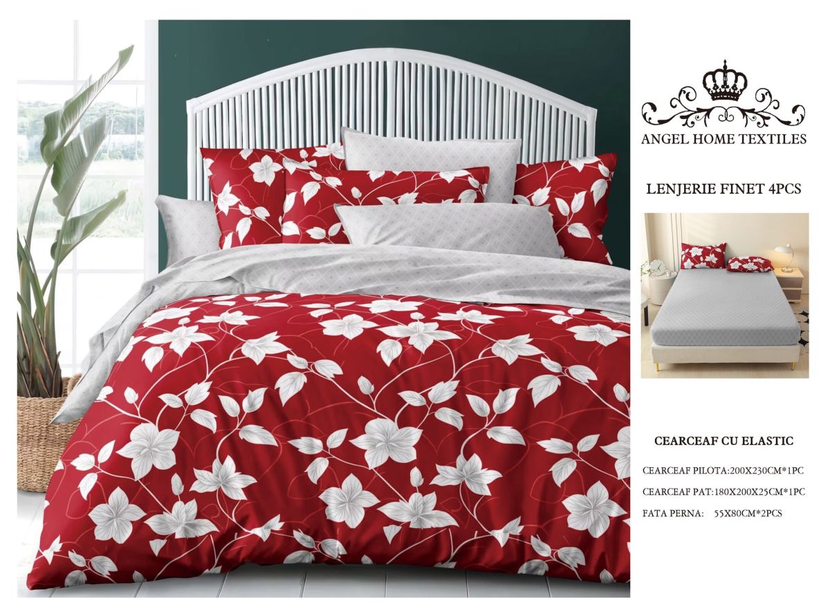 Lenjerii En-Gros, Rosu, cu Elastic, din Bumbac tip Finet, 180x200 cm, pentru Pat Dublu, 4 Piese, cu 2 Fete de Perna 55x80cm Incluse