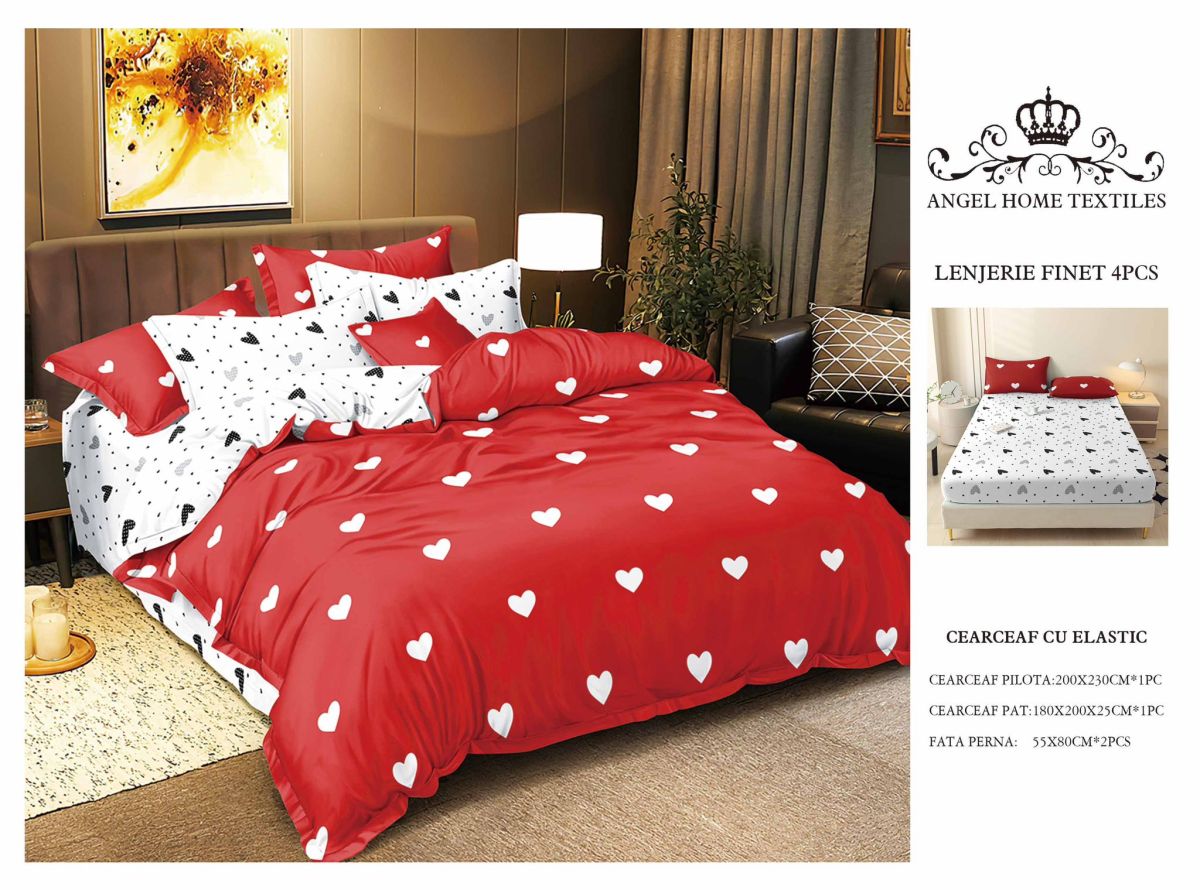 Lenjerii En-Gros, Rosu, cu Elastic, din Bumbac tip Finet, 180x200 cm, pentru Pat Dublu, 4 Piese, cu 2 Fete de Perna 55x80cm Incluse