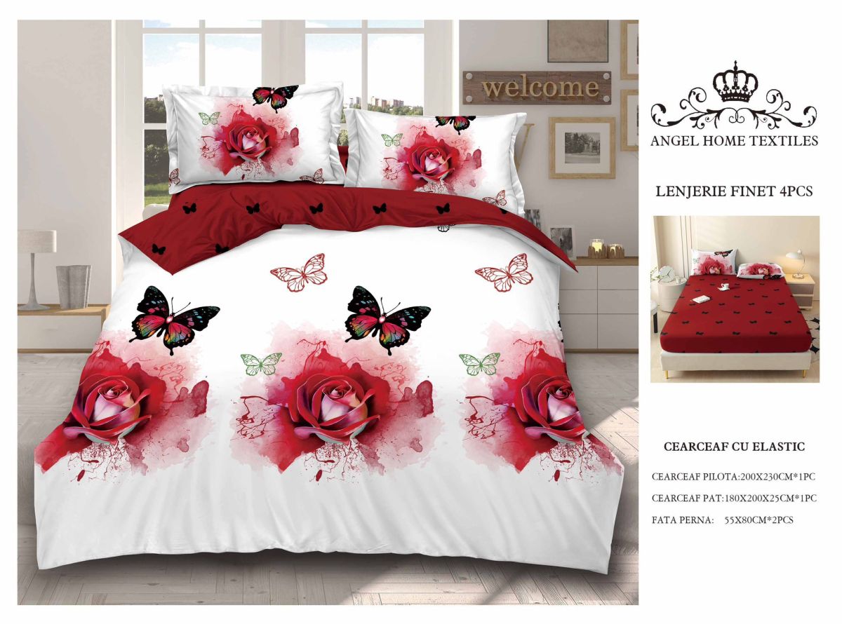Lenjerii En-Gros, Rosu, cu Elastic, din Bumbac tip Finet, 180x200 cm, pentru Pat Dublu, 4 Piese, cu 2 Fete de Perna 55x80cm Incluse