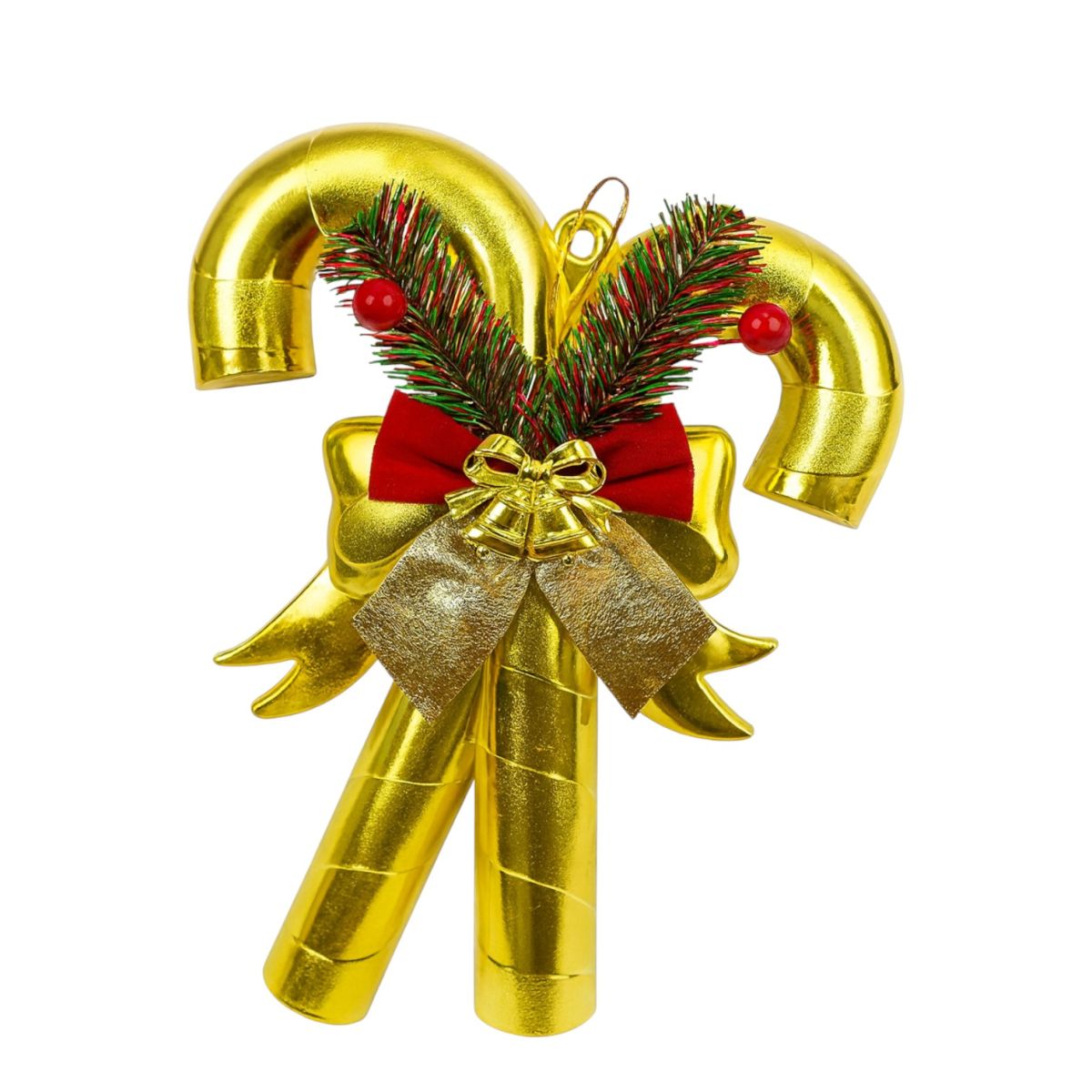 Bastonase Decorative Crăciun 23cm, din Plastic Auriu cu Fundă Roșie și Ramuri Verzi, Ornament Brad sau Perete Engros