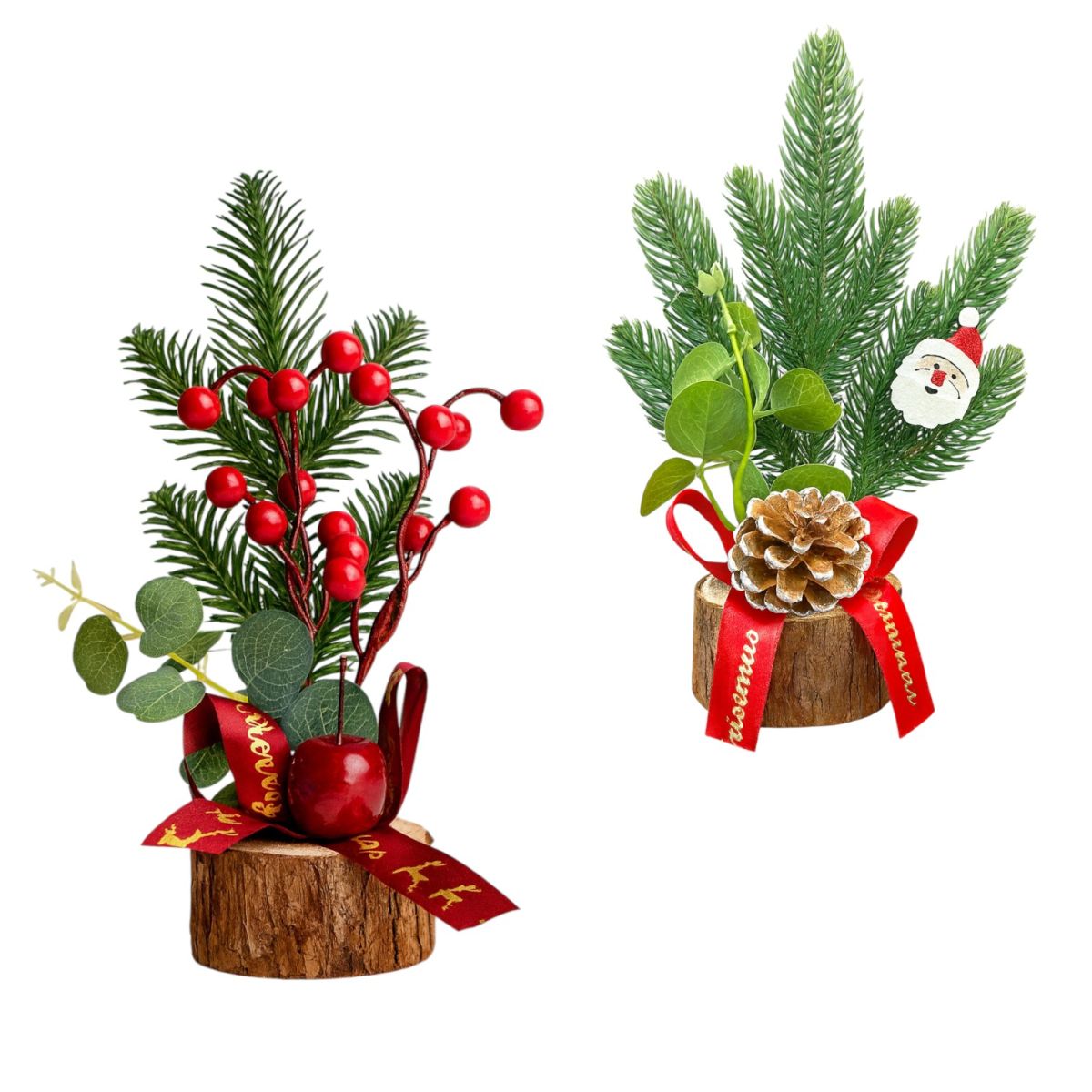 Decorațiuni de Crăciun 26cm, pe Buturugă 8.5cm, cu Accesorii și Fundiță Roșie „Merry Christmas” Engros