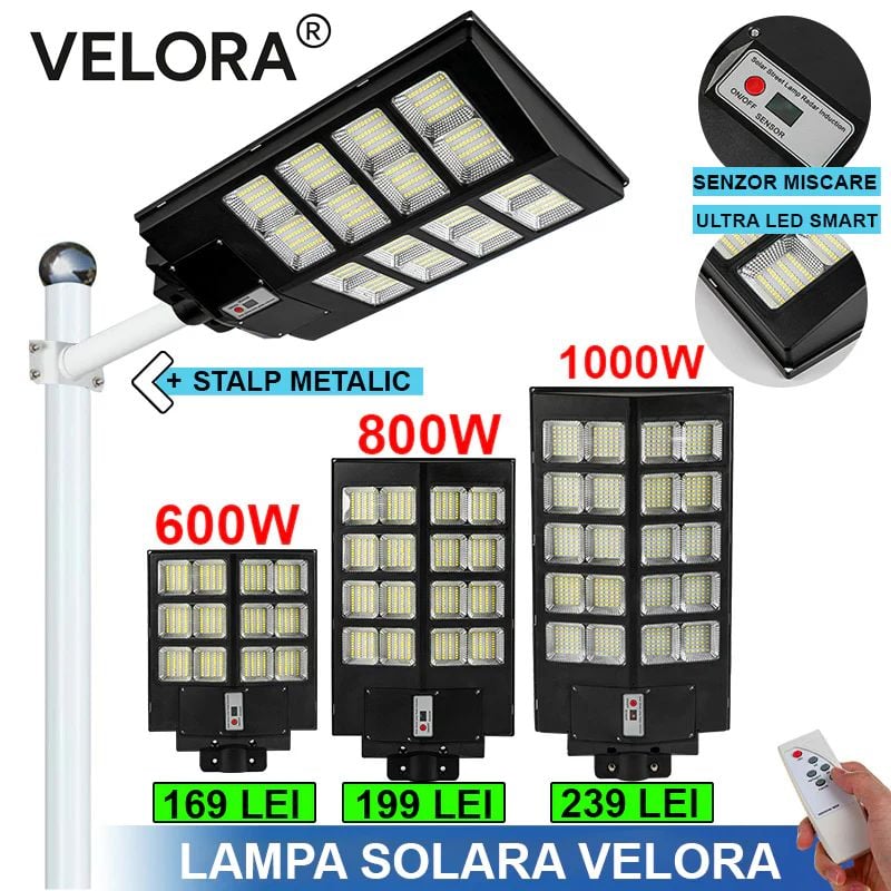 PACHET PROMOTIONAL: Stalp Stradal Cu Incarcare Solara VELORA, Panou Solar Integrat, Putere Mare 1000W + Stalp De Sustinere CADOU + Accesorii