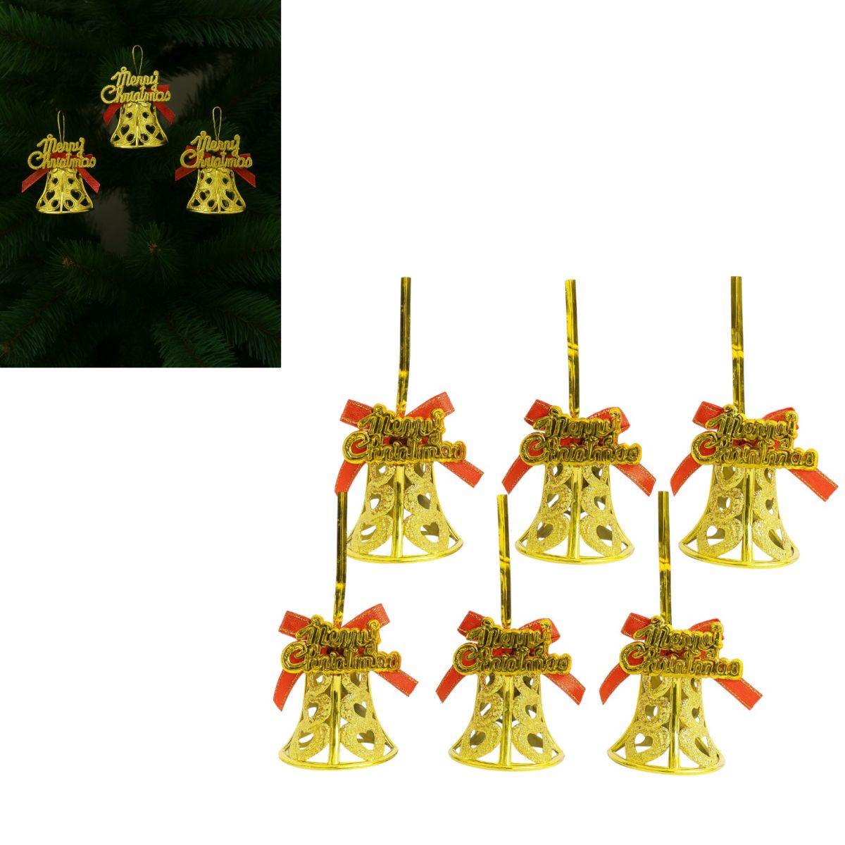 Ornamente pentru Brad 6/set, Clopoței Aurii 5cm din Plastic cu Fundiță și Sclipici Engros