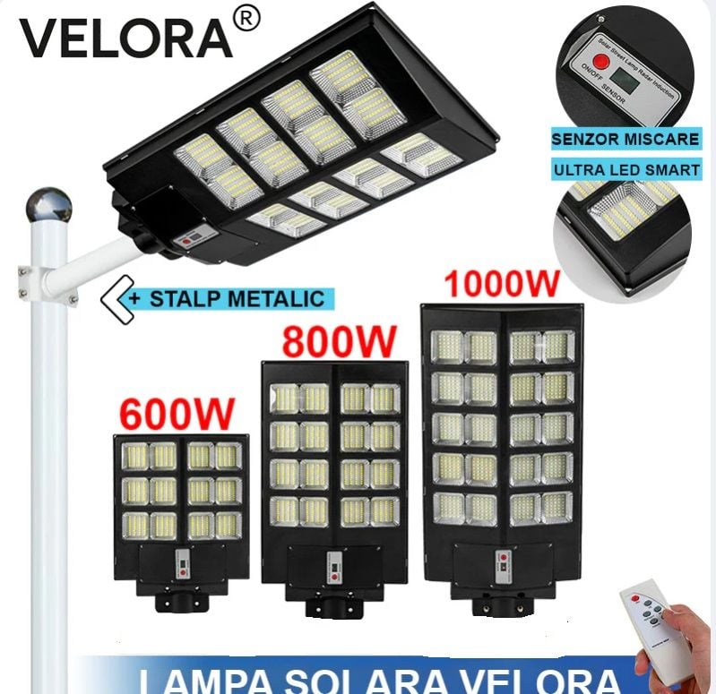 PACHET PROMOTIONAL: Stalp Stradal Cu Incarcare Solara VELORA, Panou Solar Integrat, Putere Mare 800W + Stalp De Sustinere CADOU + Accesorii