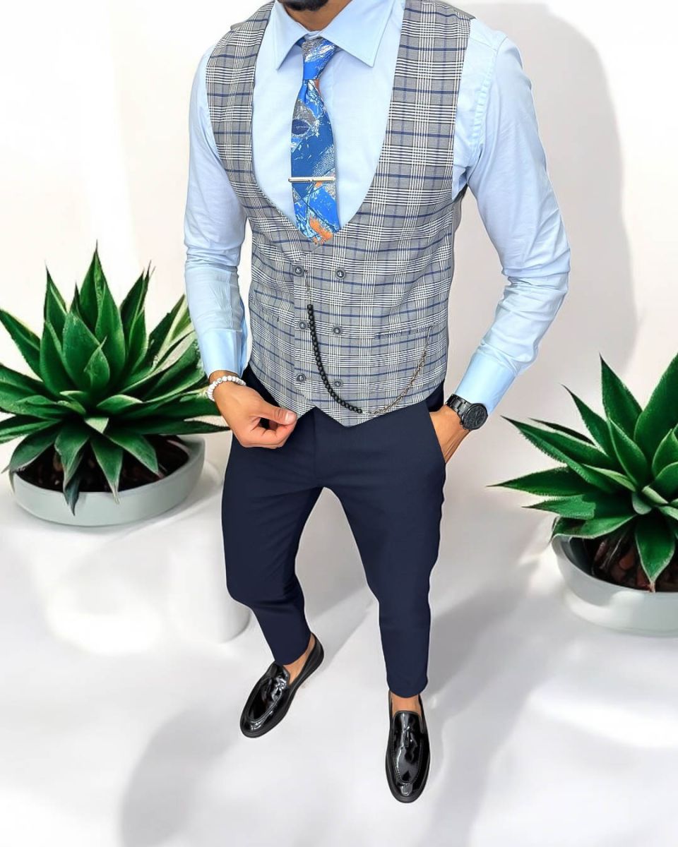 Vesta barbati eleganta slim fit, in carouri, 13264