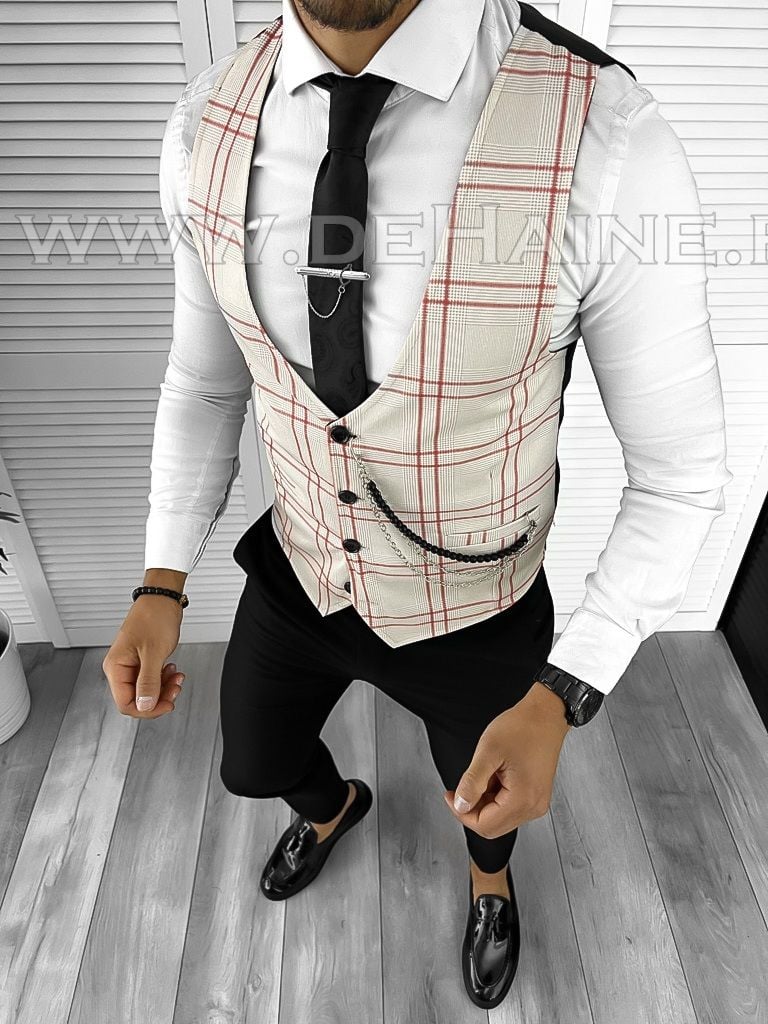 Vesta barbati eleganta slim fit bej B8078 89-3