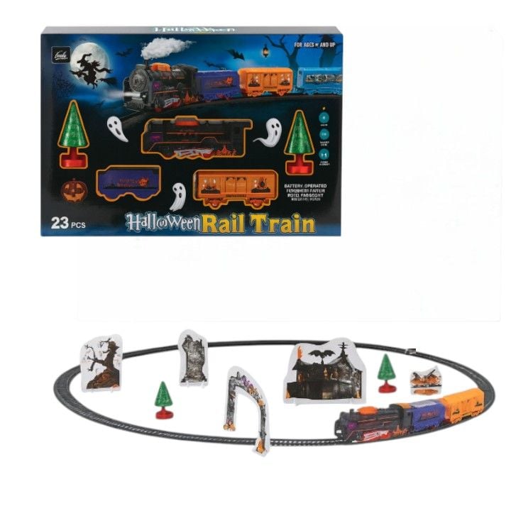 Tren de Jucărie Halloween 23 Piese, cu Lumină și Sunet, Șine Asamblabile și Accesorii Tematice Engros