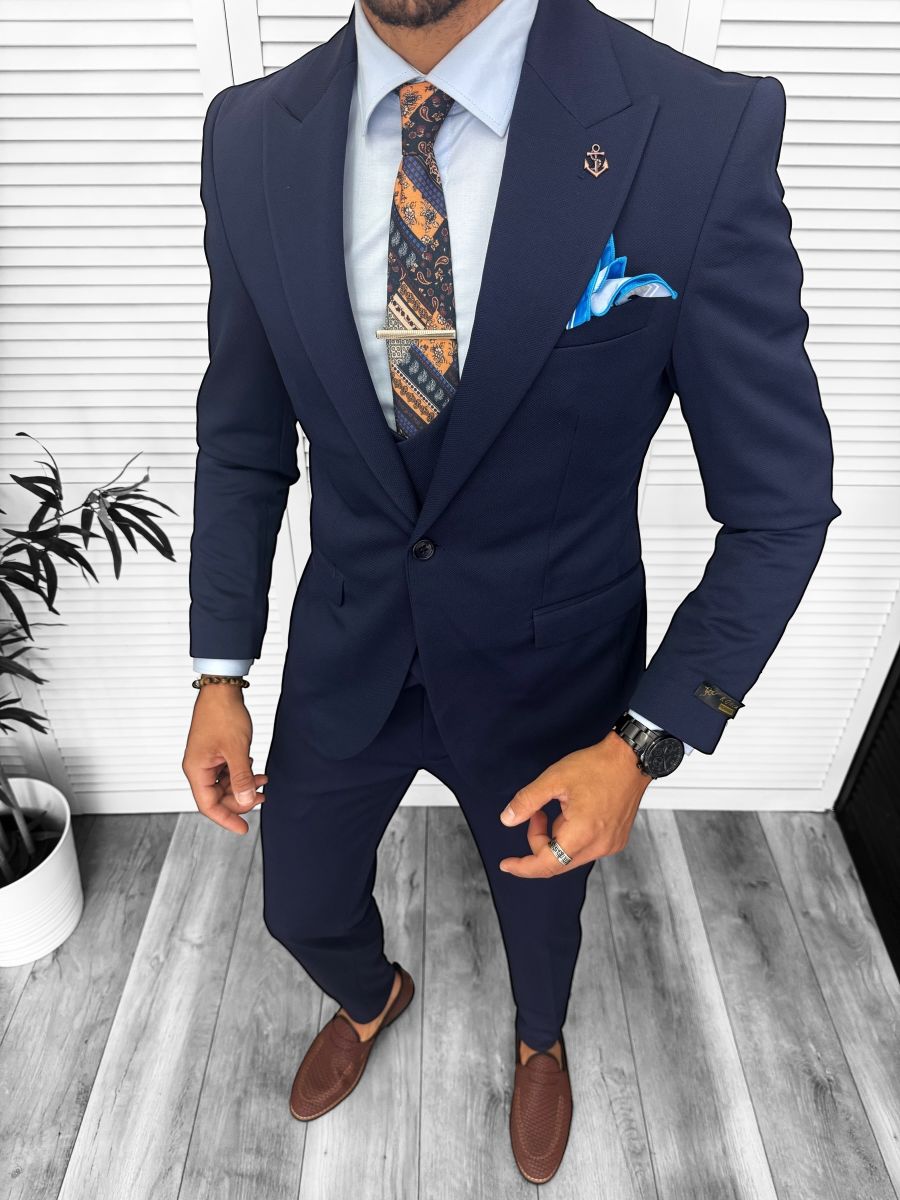 Costum barbati slim fit, bleumarin, 3 piese,  13347