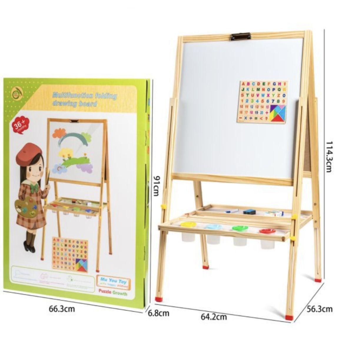 Tablă de desen multifuncțională pentru copii cu două fețe, suport și accesorii educative – 114 cm, En-gros