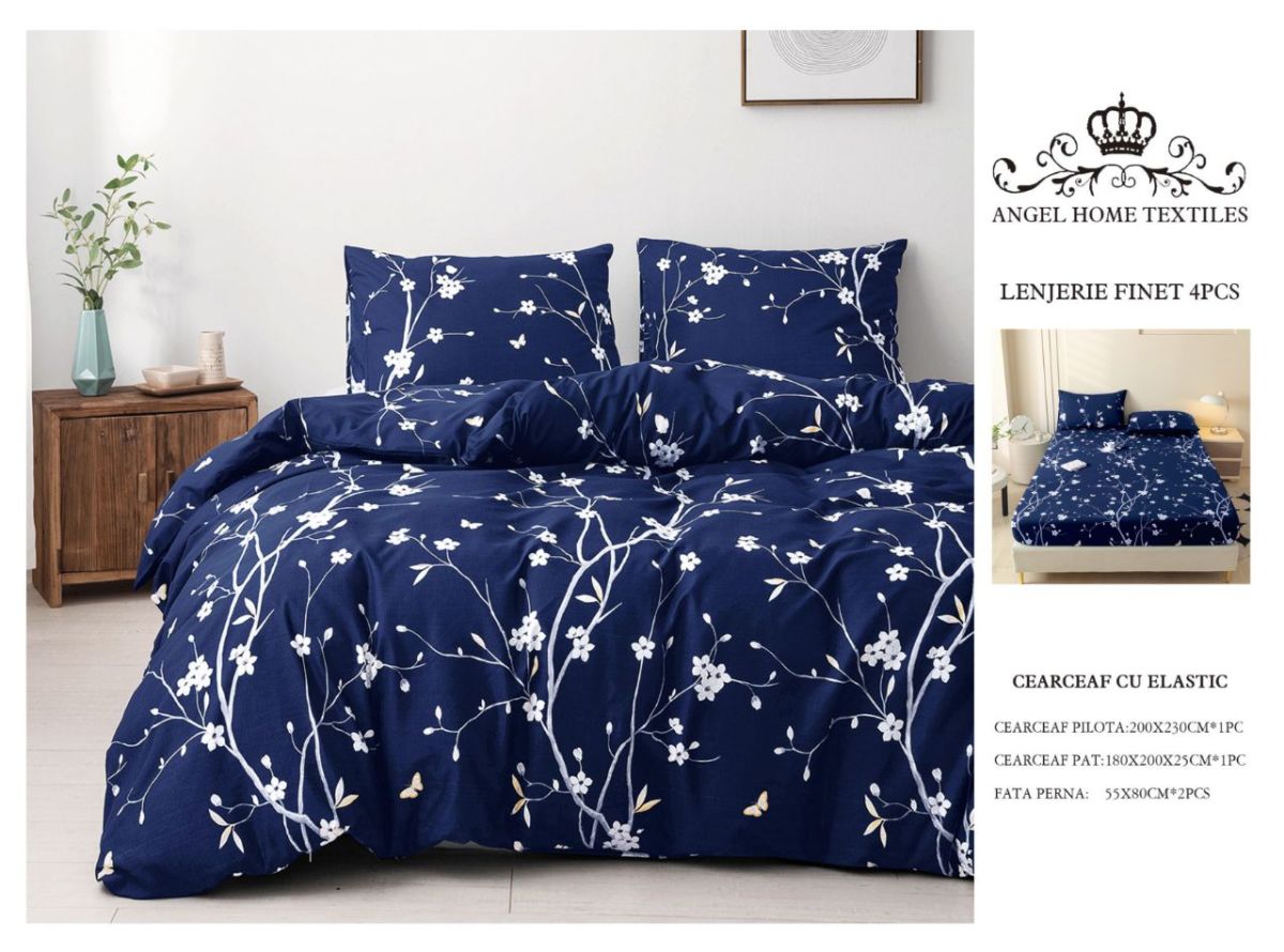 Trio Lenjerii En-Gros, SERIE 3 MODELE DIFERITE, cu Elastic, din Bumbac tip Finet, 180x200 cm, pentru Pat Dublu, 4 Piese, cu 2 Fete de Perna 55x80cm Incluse