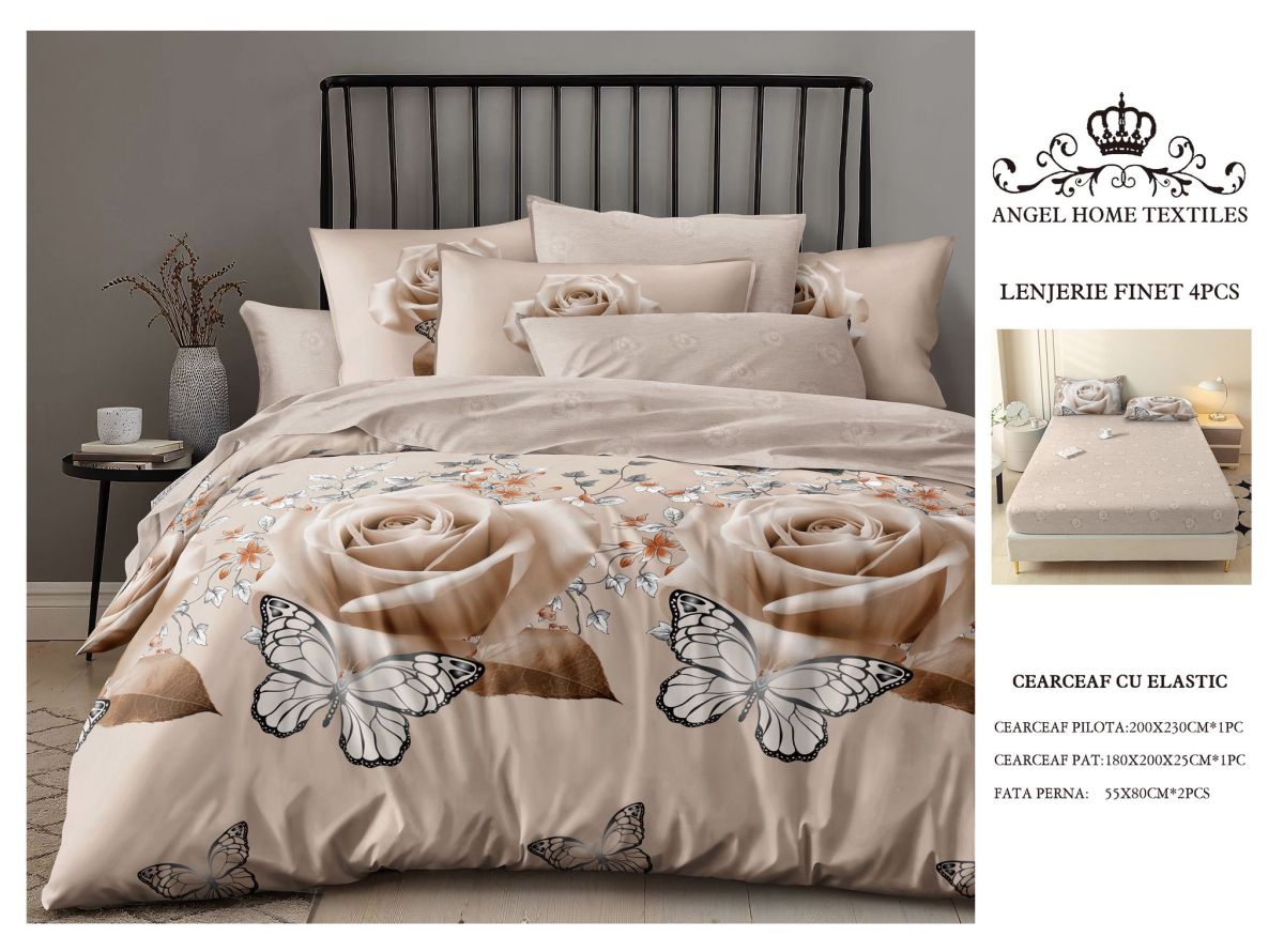 PROMO Lenjerii En-Gros, SERIE 5 MODELE DIFERITE, cu Elastic, din Bumbac tip Finet, 180x200 cm, pentru Pat Dublu, 4 Piese, cu 2 Fete de Perna 55x80cm Incluse