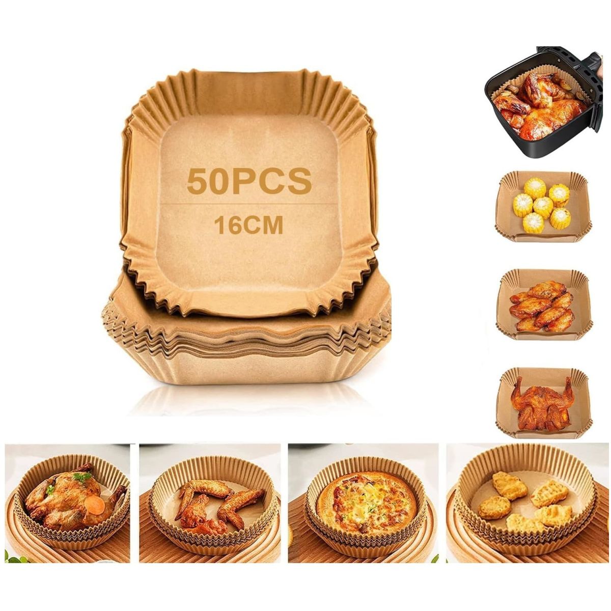 Hartie de Copt pentru Air Fryer ENGROSS , Friteoza si Cuptor in Forma Patrata, de Unica Folosinta, Culoare Maro, Set 50 Bucati, Dimensiune 20 x 16 x 4.5 cm