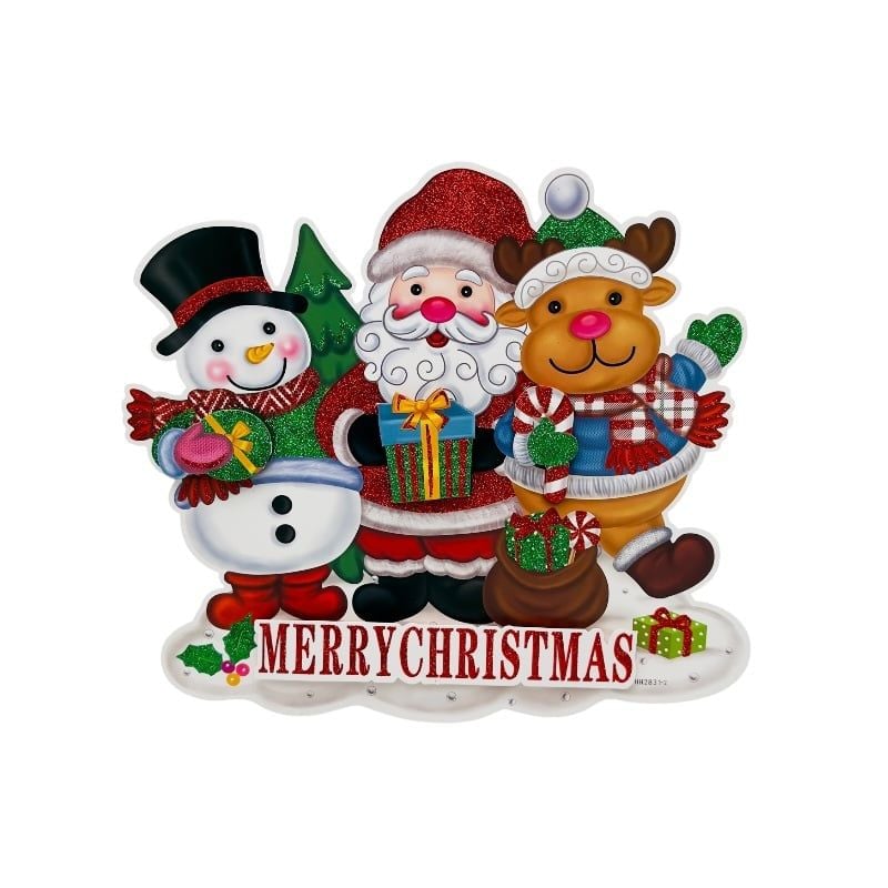 Decor angro Craciun 3D Mos Craciun cu ren si om de zapada – Merry Christmas, 45x30 cm