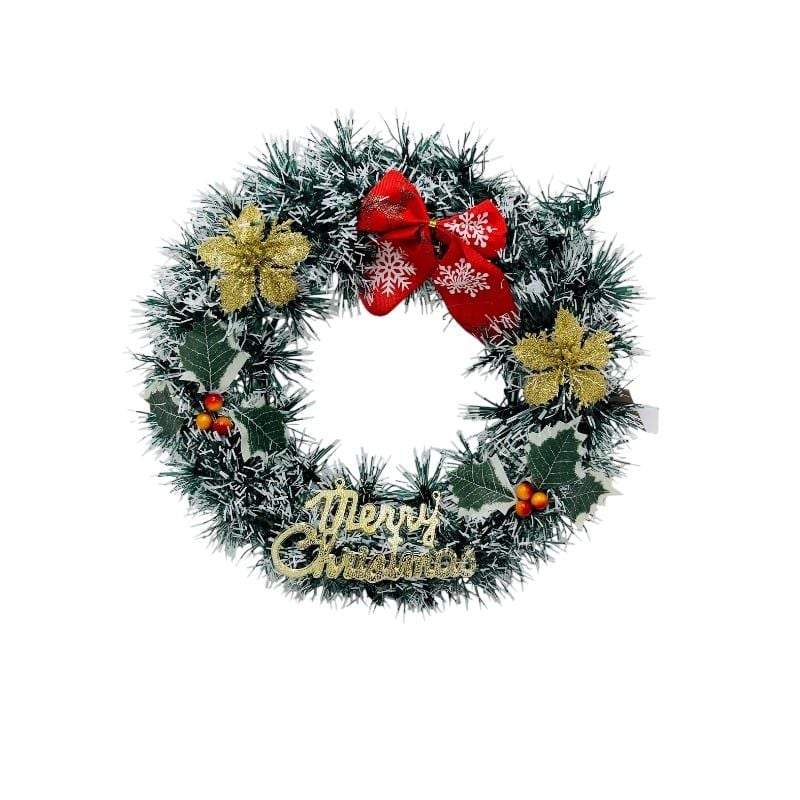 Coronita engros de Craciun artificiala 30 cm cu funda rosie, flori aurii, frunze verzi si mesaj Merry Christmas