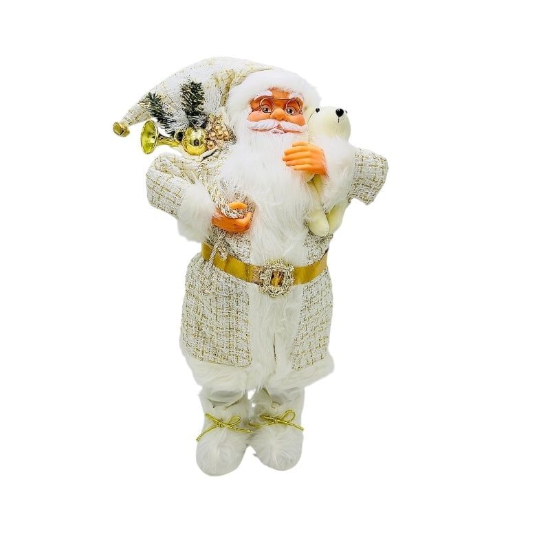 Mos Craciun decorativ 70 cm alb-auriu cu ursulet si sac cu crengute – figurina eleganta de Craciun pentru decor de lux Engros