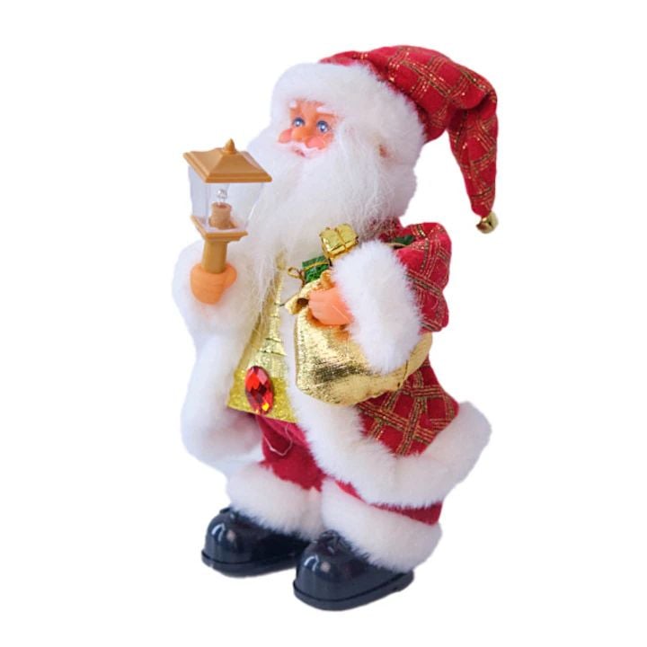 Mos Craciun decorativ 30 cm cu sac auriu si felinar – figurina eleganta pentru decor de Craciun Engros