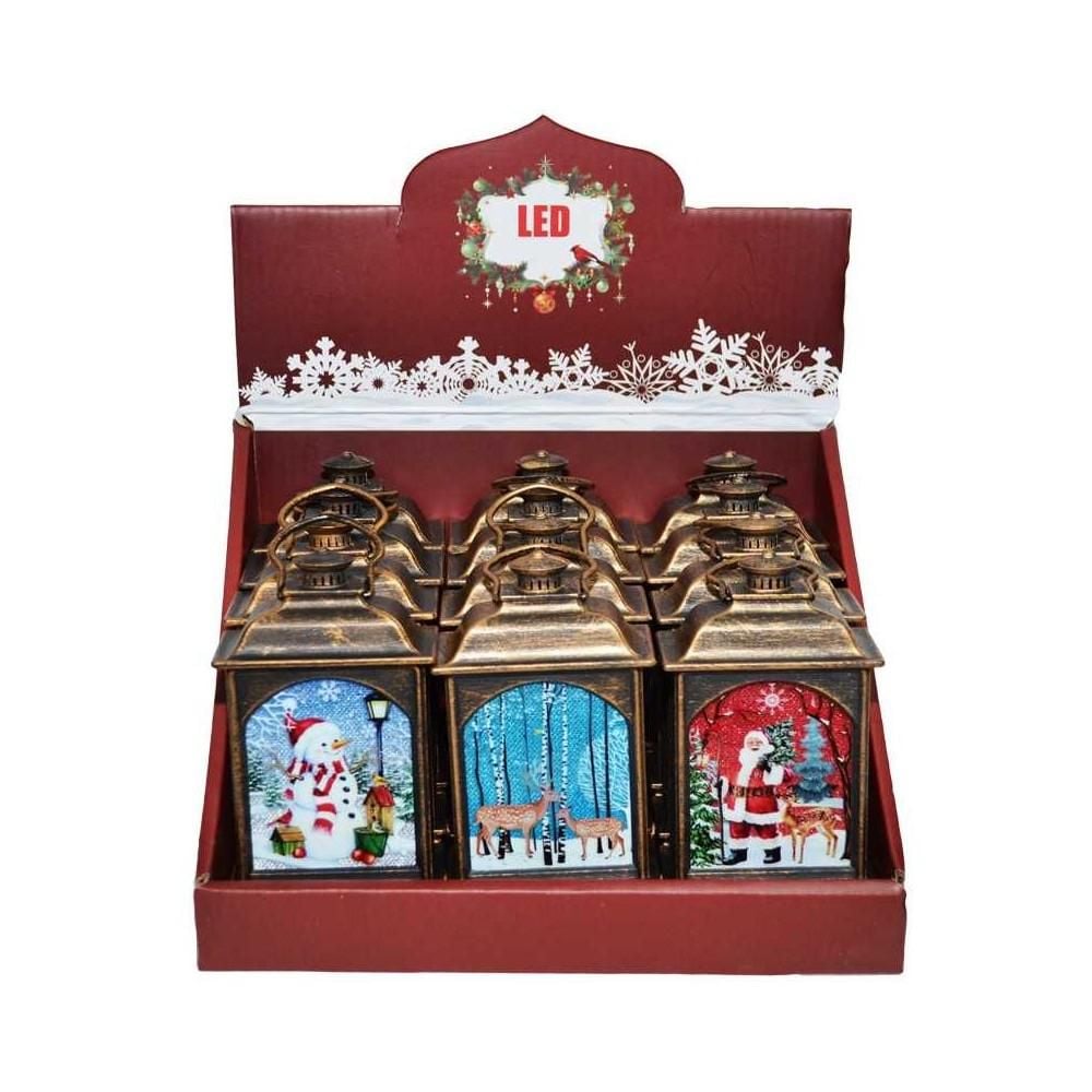 Set angro 12 Felinare Crăciun LED 14×7 cm – bronz antichizat, printuri festive mixte