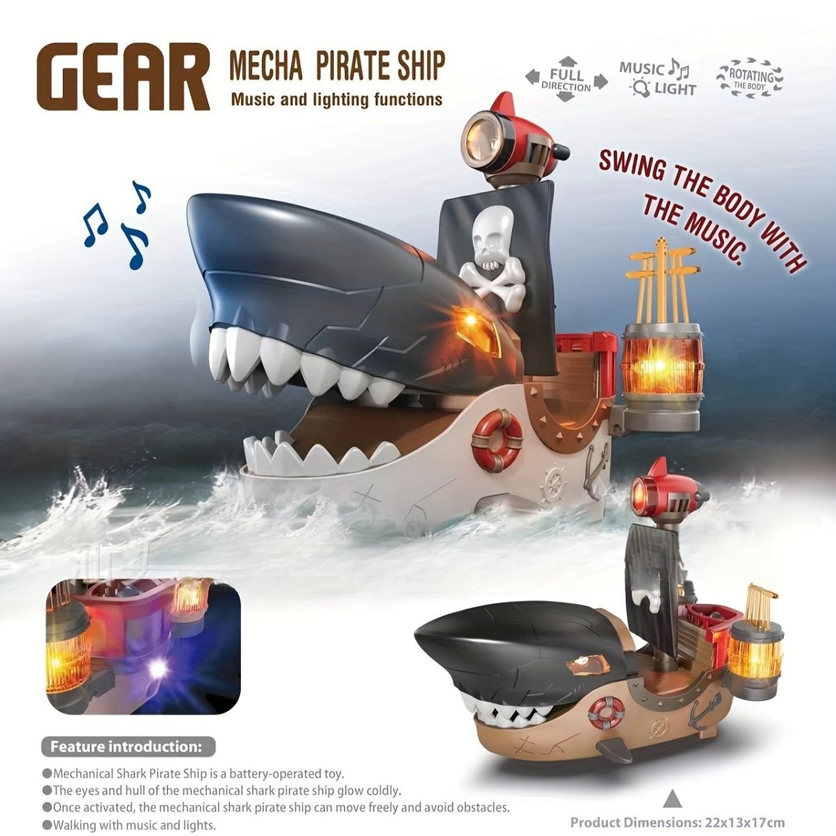 Corabie pirat Mecha Shark 22x13x17 cm cu lumini si muzica, mers cu evitare obstacole, jucarie electrica Engros