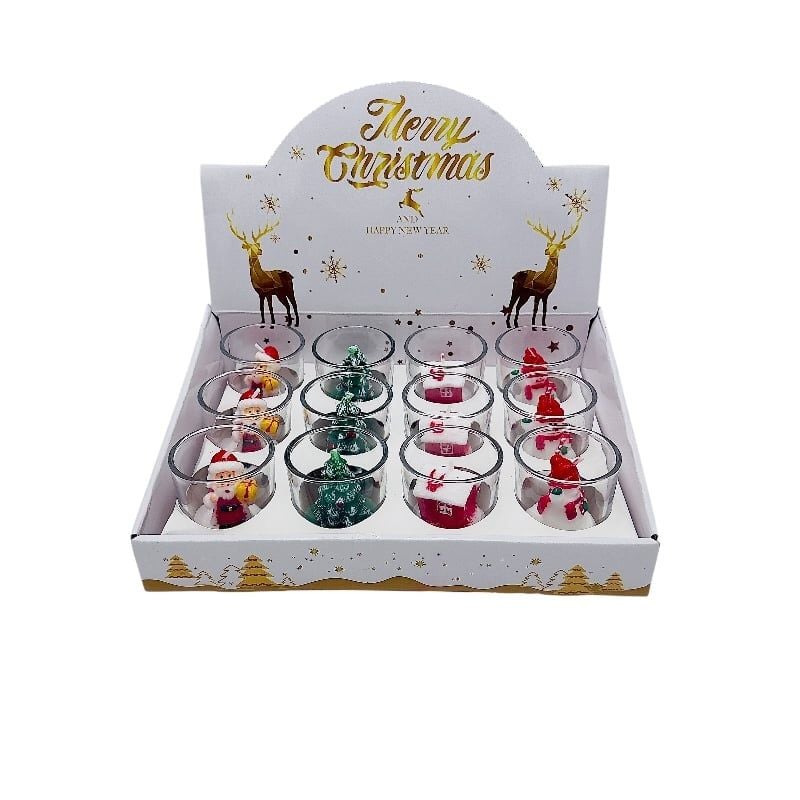 Set 12 suporturi lumanari Craciun din sticla, model Mos Craciun si Brad, decoratiuni festive pentru masa si cadouri de iarna Engros