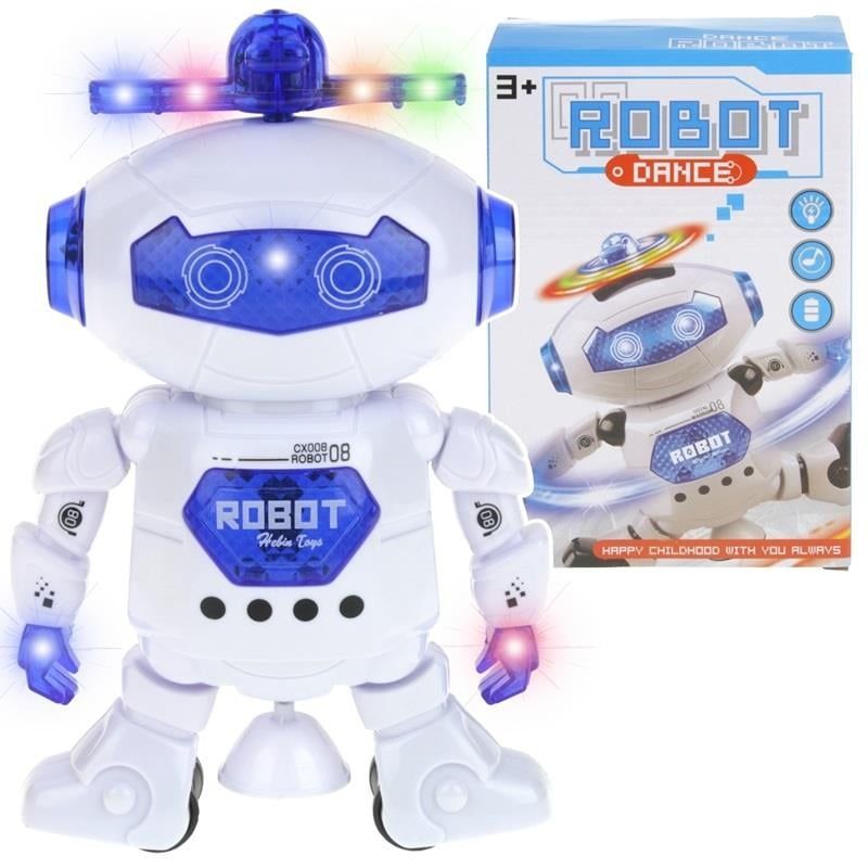 Robot dansator 360° cu lumini LED si muzica, auto-evitare obstacole, cap cu proiector, alb/negru Engros