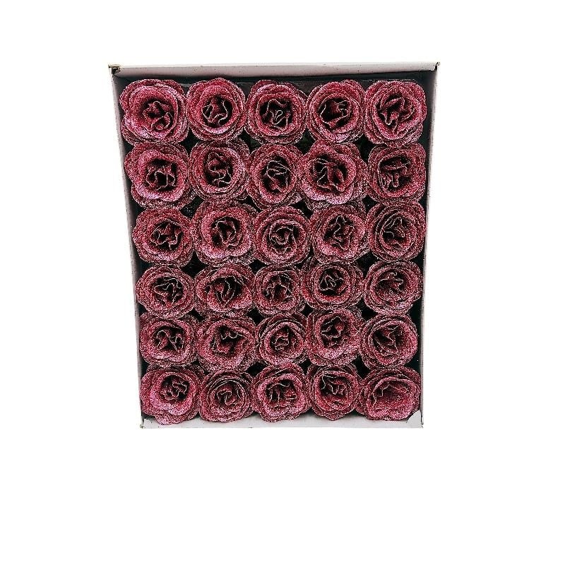 Set 30 trandafiri decorativi burgundy cu sclipici, pe sarma – pentru aranjamente si brad Engros