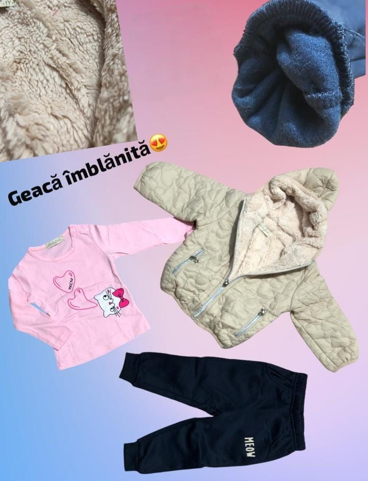 COMPLEU fata 3 piese: geaca imblanita, pantalon gros, bluza bumbac, 1-5 ani, 5/set engros