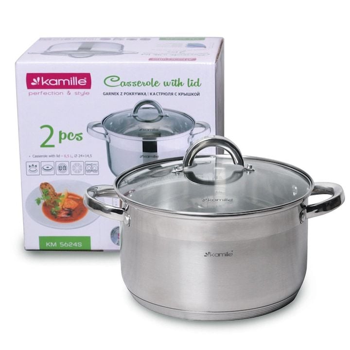Oala Engros cu capac de sticla, Kamille, din Inox, 24 cm, 6.5 L, Argintiu/Transparent