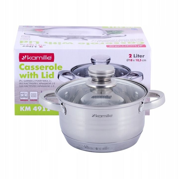 Oala Engros cu capac din sticla, Kamille, 2.0 L, 18 cm, din inox, argintiu