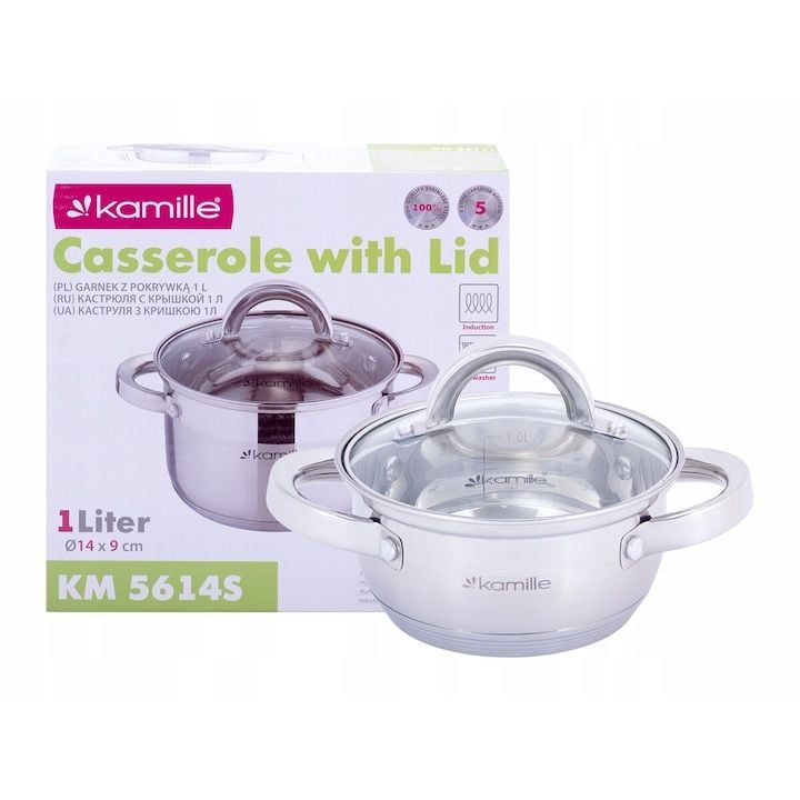 Oala Engros din otel inoxidabil 1,0 L cu capac din sticla, 14 cm, 5 straturi, Kamille