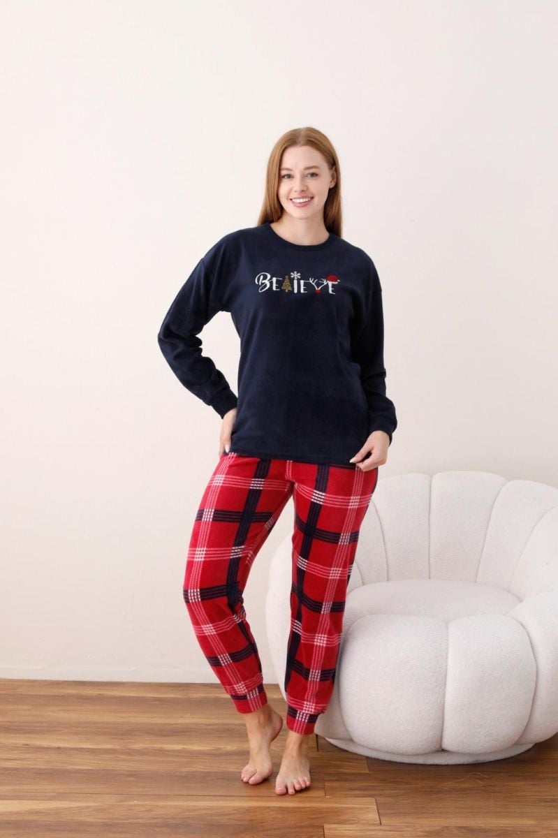 Pijama Dama Cocolino Engross, Material Premium Super Catifelat, Bleumarin/Rosu