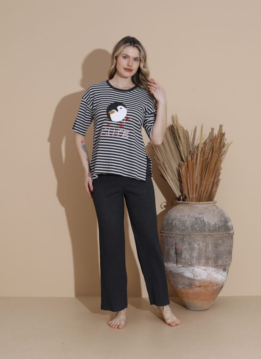 Pijama Dama cu Striatii, Engross, Bumbac 100%, Negru