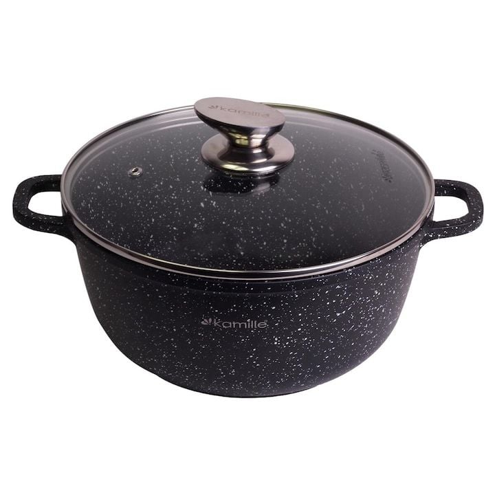 Oala Engros marmotata cu capac de sticla, Kamille, Aluminiu, 4.5L, 24cm, Negru / Transparent