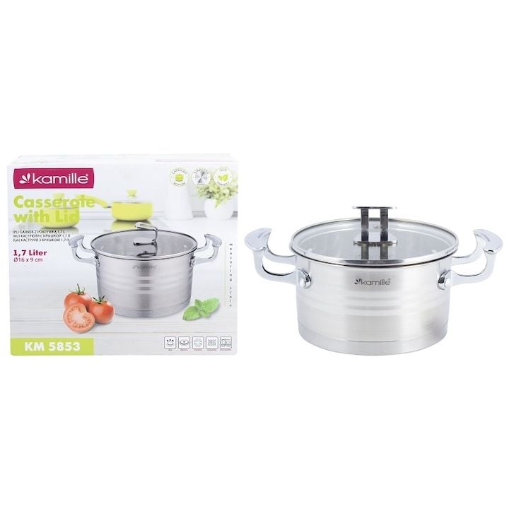 Oala Engros cu capac de sticla, Kamille, din Inox, 1.7L, 16cm, Argintiu/Transparent