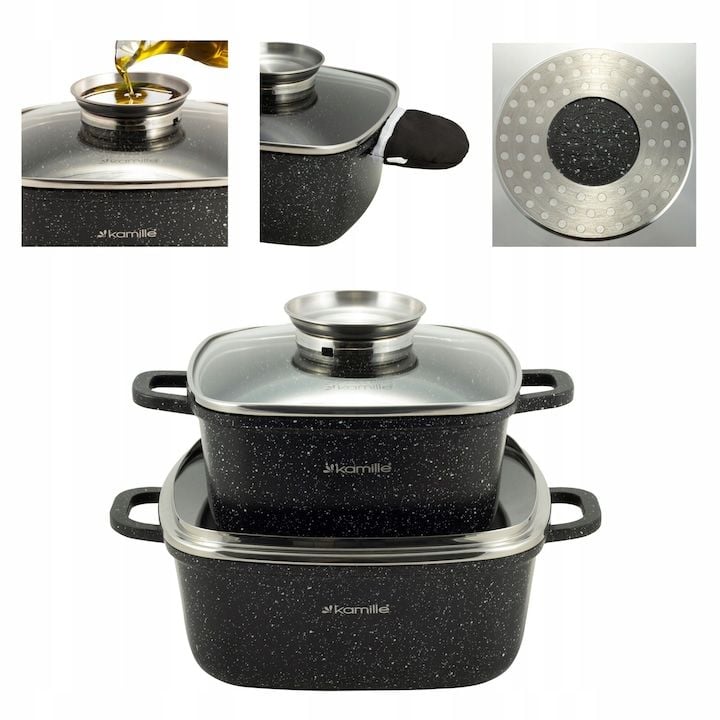 Set Engros de oale Kamille cu 4 elemente, marmura, 2,3L si 4,4L, pentru inductie, cu capac din sticla