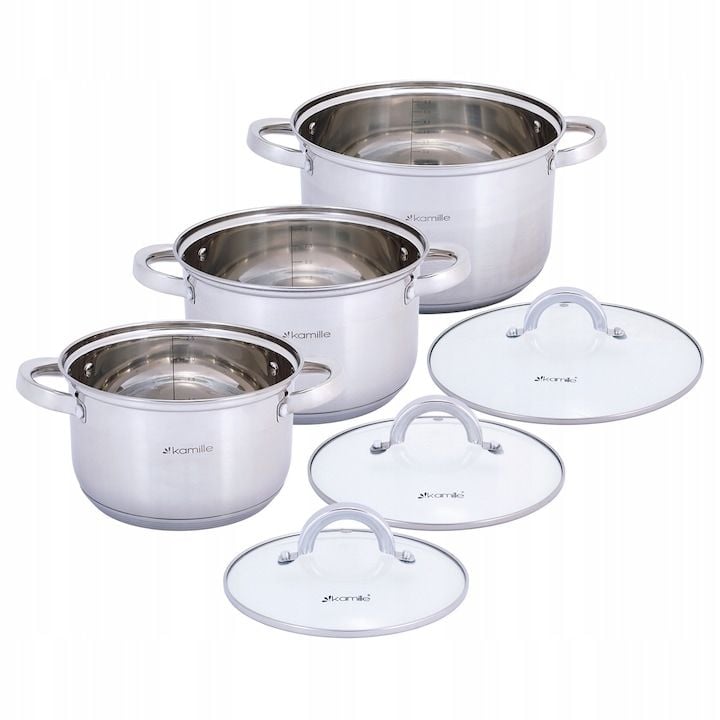 Set Engros de 3 oale cu capac Kamille, din Inox, 2,9L/3,9L/6,5L, 18cm/20cm/24cm, 5 straturi, Argintiu