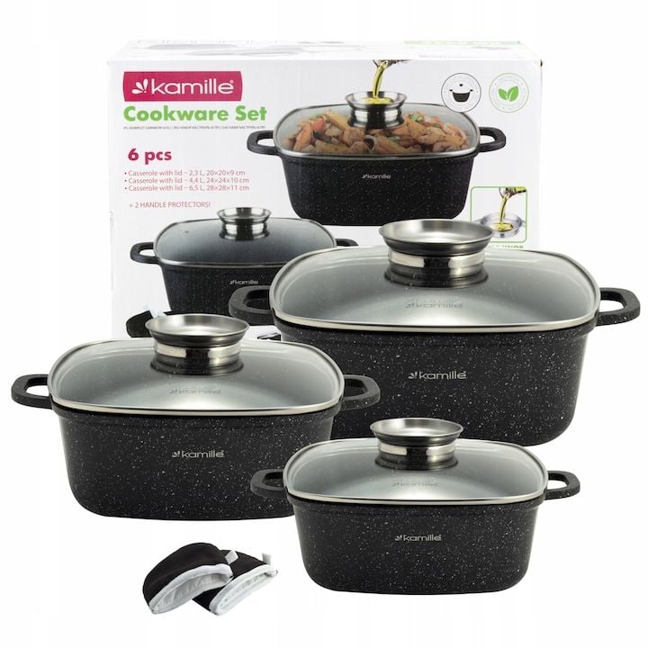 Set Engros de 3 oale cu capace + 2 protectii maner, Kamille, Aluminiu / Marmura, 2.3L / 4.4L / 6.5L, Negru / Transparent