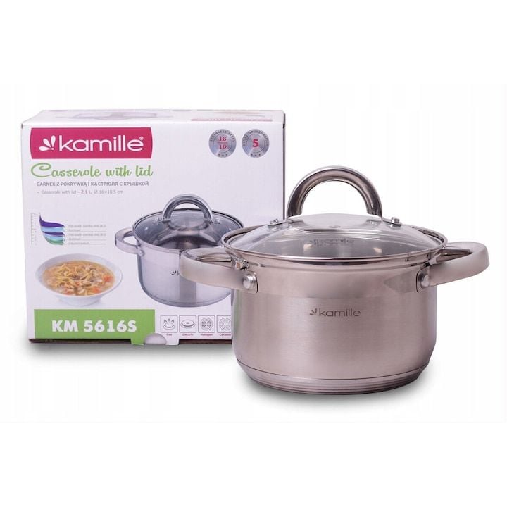 Oala Engros din inox 2,1L, cu capac de sticla, 16cm, Kamille, argintie