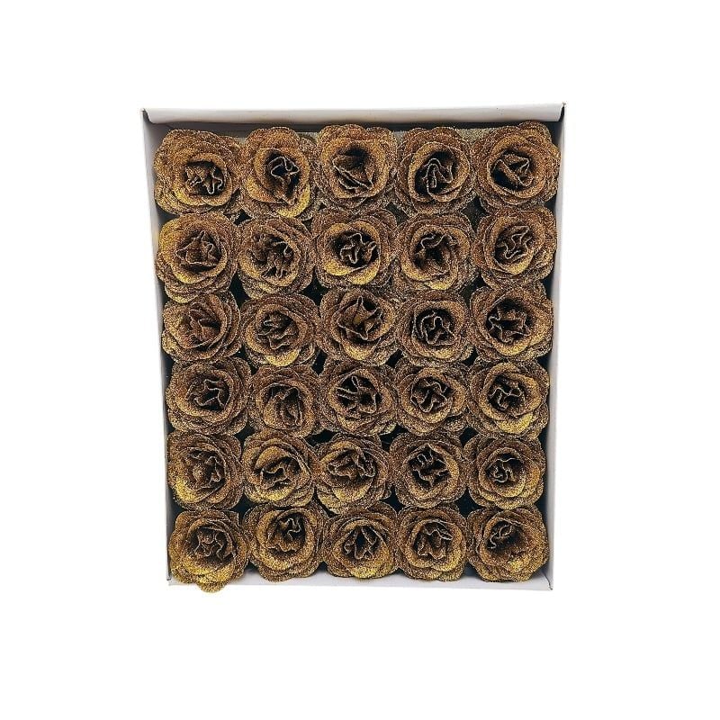 Set 30 trandafiri decorativi gold supreme cu sclipici, pe sarma – pentru aranjamente si brad Engros