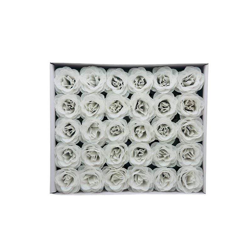 Set 30 trandafiri decorativi alb milky cu sclipici, pe sarma – pentru aranjamente si brad Engros