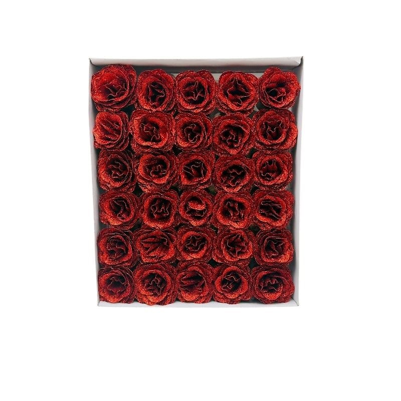 Set 30 trandafiri decorativi rosu intens cu sclipici, pe sarma – pentru aranjamente si brad Engros