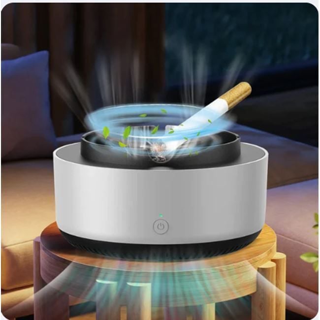 Scrumiera inteligenta-Engros cu purificator, design fara fum, alb, 360° aspiratie, set cu tableta aromaterapie