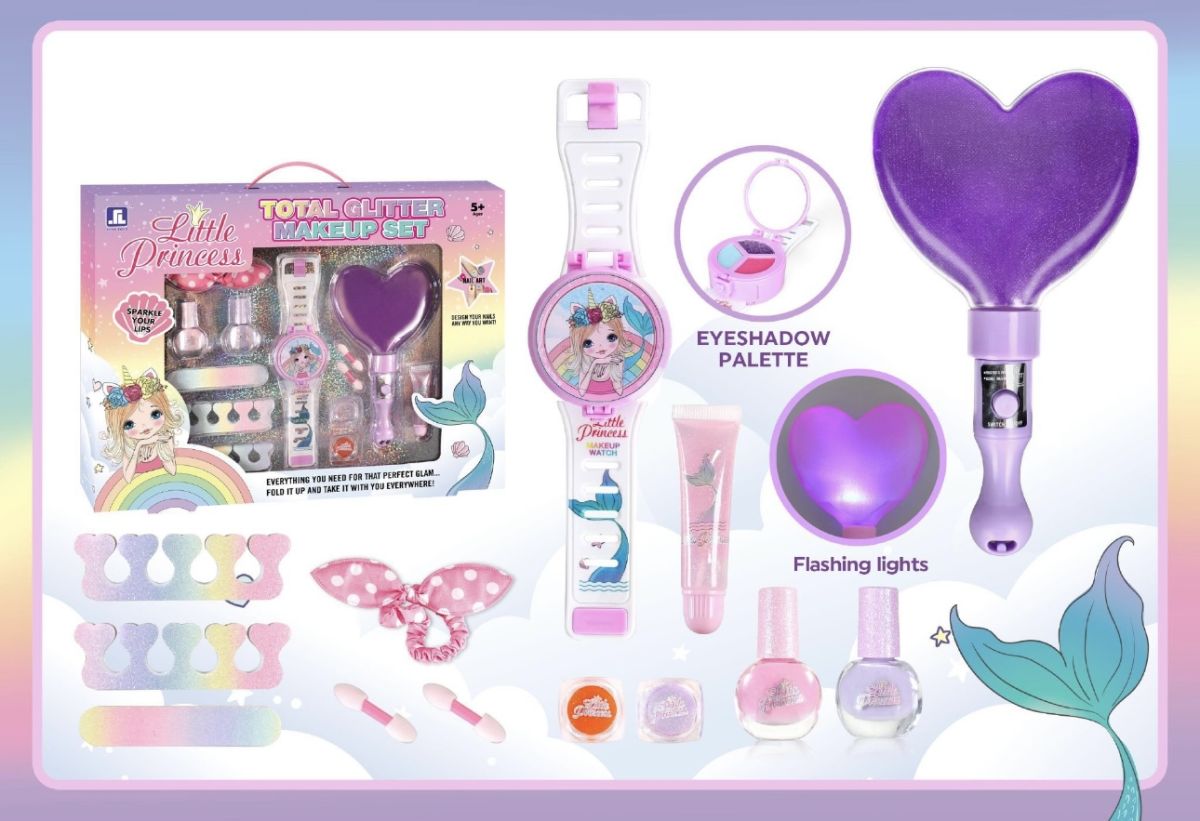 Set Machiaj Copii Little Princess Total Glitter Makeup Set – Trusă Completă Cu Ojă, Farduri, Luciu de Buze și Oglindă Cu Lumini, Cosmetice Non-Toxice și Lavabile Pentru Fetițe 5+, En-gros