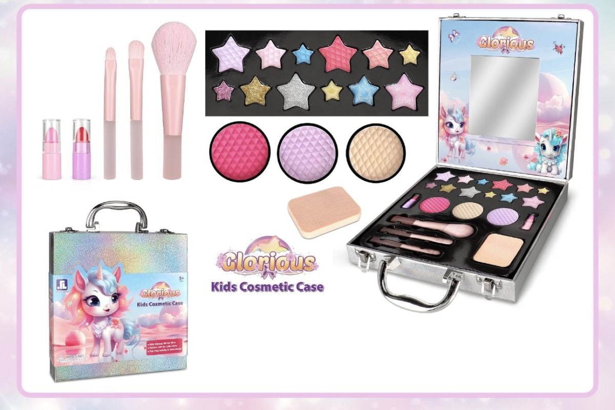 Set Machiaj Copii Glorious Kids Cosmetic Case – Trusă Profesională în Valiză Metalică Cu Farduri, Pensule și Rujuri, Cosmetice Lavabile și Non-Toxice Pentru Fetițe 5+, En-gros