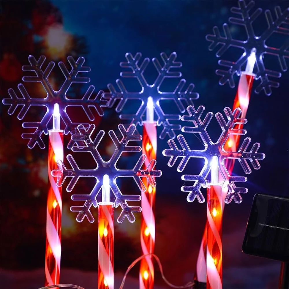 Set decorațiuni luminoase pentru exterior – bețe baston cu fulgi de nea LED, 30 cm, lungime totală 2 metri,En-gros